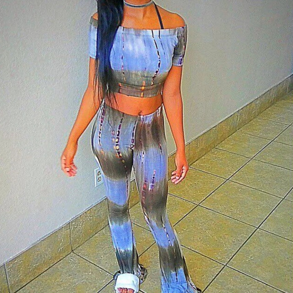Tie Dye Front Sexy Top Flared Bottom Set